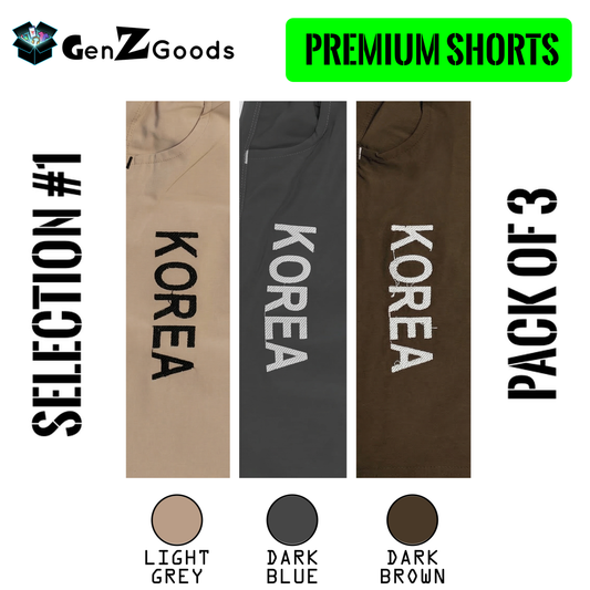 GenZ Goods Men's Premium Korea Embroidered Shorts with Drawstring, Front and Back Pockets, Pack of 3