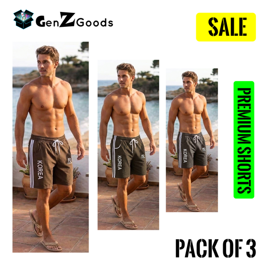GenZ Goods Men's Premium Korea Embroidered Shorts with Drawstring, Front and Back Pockets, Pack of 3
